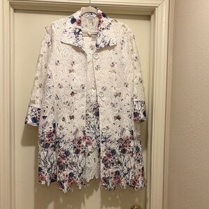 Floral Lace Button-Up Coat with sleeveless blouse